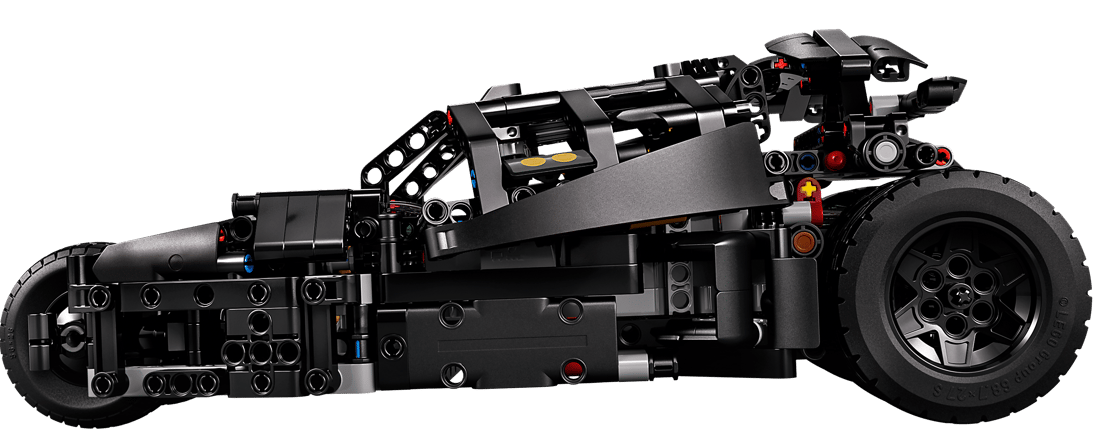 Ein schwarzes Lego-Technic-Fahrzeugmodell mit detaillierten Bauteilen und einem großen Rad.