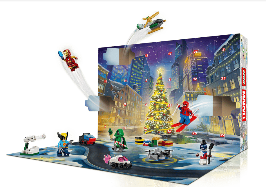 Marvel Adventskalender: Figuren wie Iron Man, Spider-Man, Wolverine und ein Hubschrauber.