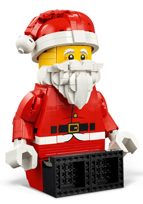 Ein Lego-Weihnachtsmann mit rotem Hut, Bart und Anzug.