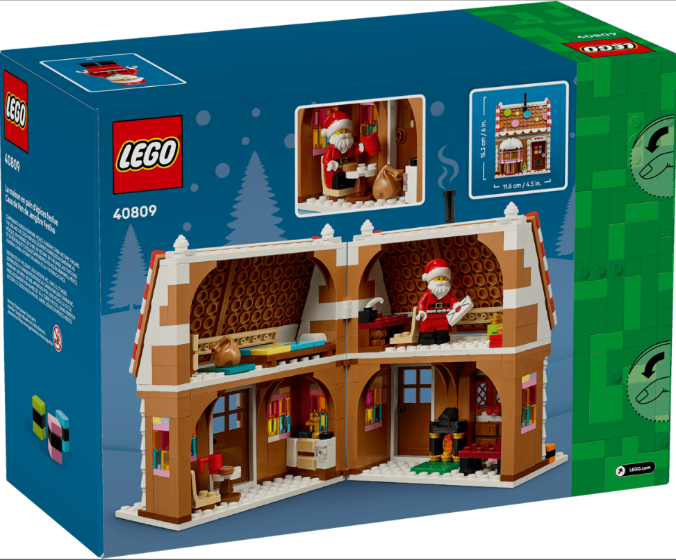 LEGO Lebkuchenhaus-Set mit Weihnachtsmann und Innendetails.