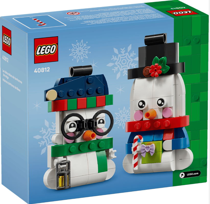 LEGO-Schneemänner-Set mit zwei Figuren, einer mit Brille, auf blauem Karton.