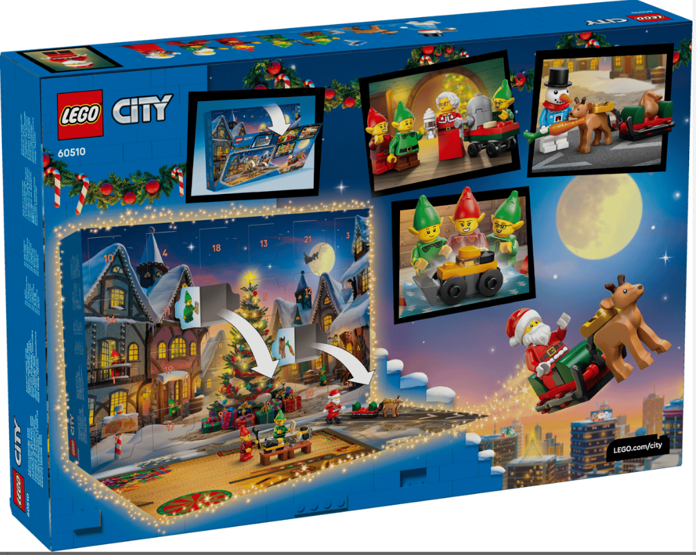 Lego City Adventskalender-Box mit Weihnachtsdorf, Weihnachtsmann, Elfen, Schneemann, Rentier.