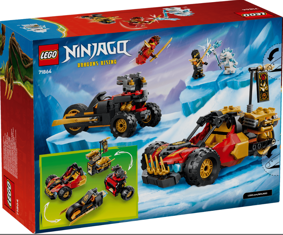 Lego Ninjago Drachenaufstieg Spielzeug mit Fahrzeugen und Figuren auf Eis.