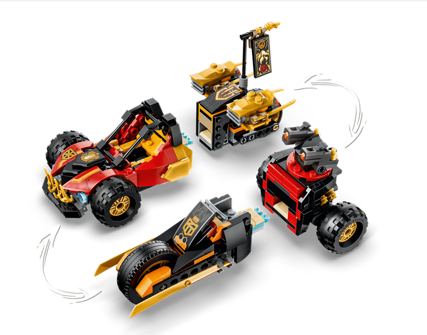 Vier LEGO Fahrzeuge in Rot, Schwarz und Gold mit weißen Pfeilen, die ihre Verbindung andeuten.