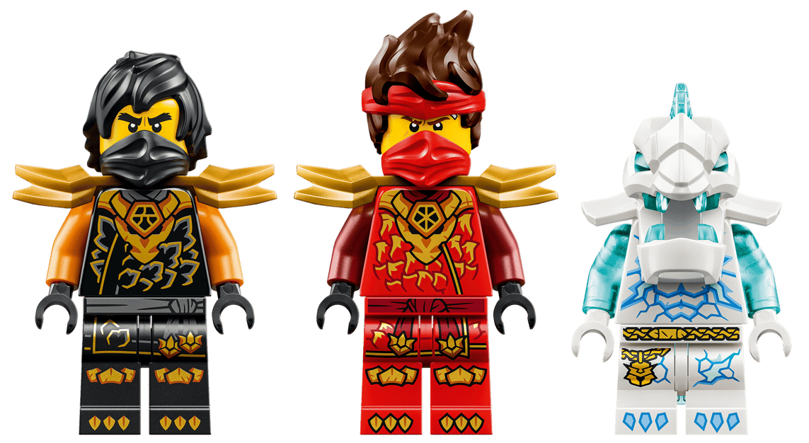 Drei Lego-Figuren: eine in Orange/Schwarz, eine in Rot und eine eis-thematisierte weiße Figur.