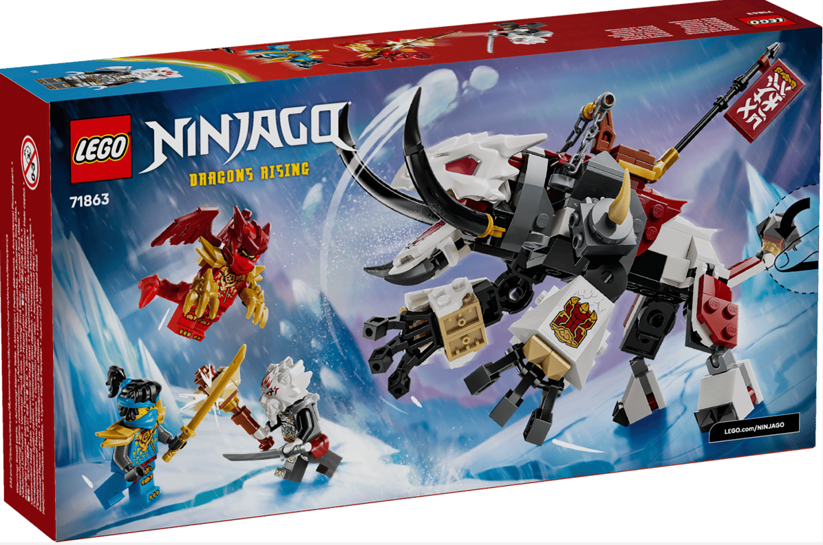 Lego Ninjago Kartonkunst: Eine weiße drachenähnliche Bestie, ein roter Drache und Ninjas kämpfen auf eisigen Bergen.
