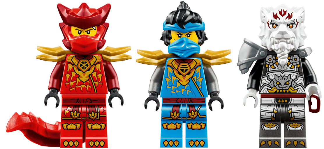 Drei Lego-Figuren: Rot mit Schwanz, Blau mit Kopftuch, Weißer Wolf.