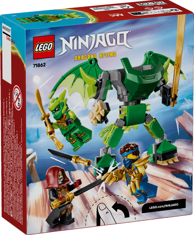 LEGO Ninjago Drachen Rising mit Figuren und einem grünen Drachen.