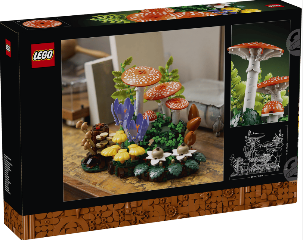 Lego-Verpackung zeigt ein Modell von Pilzen und Pflanzen mit roten Fliegenpilzen.