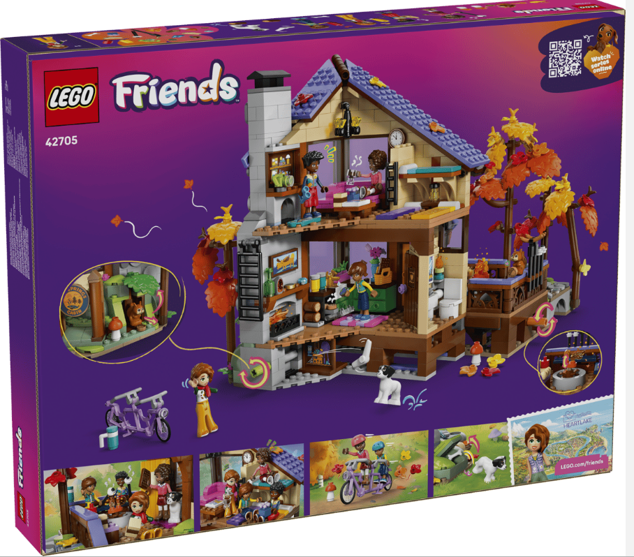 Lego Friends Hütte mit Figuren, Tieren, Fahrrad und Wald-Szenen.