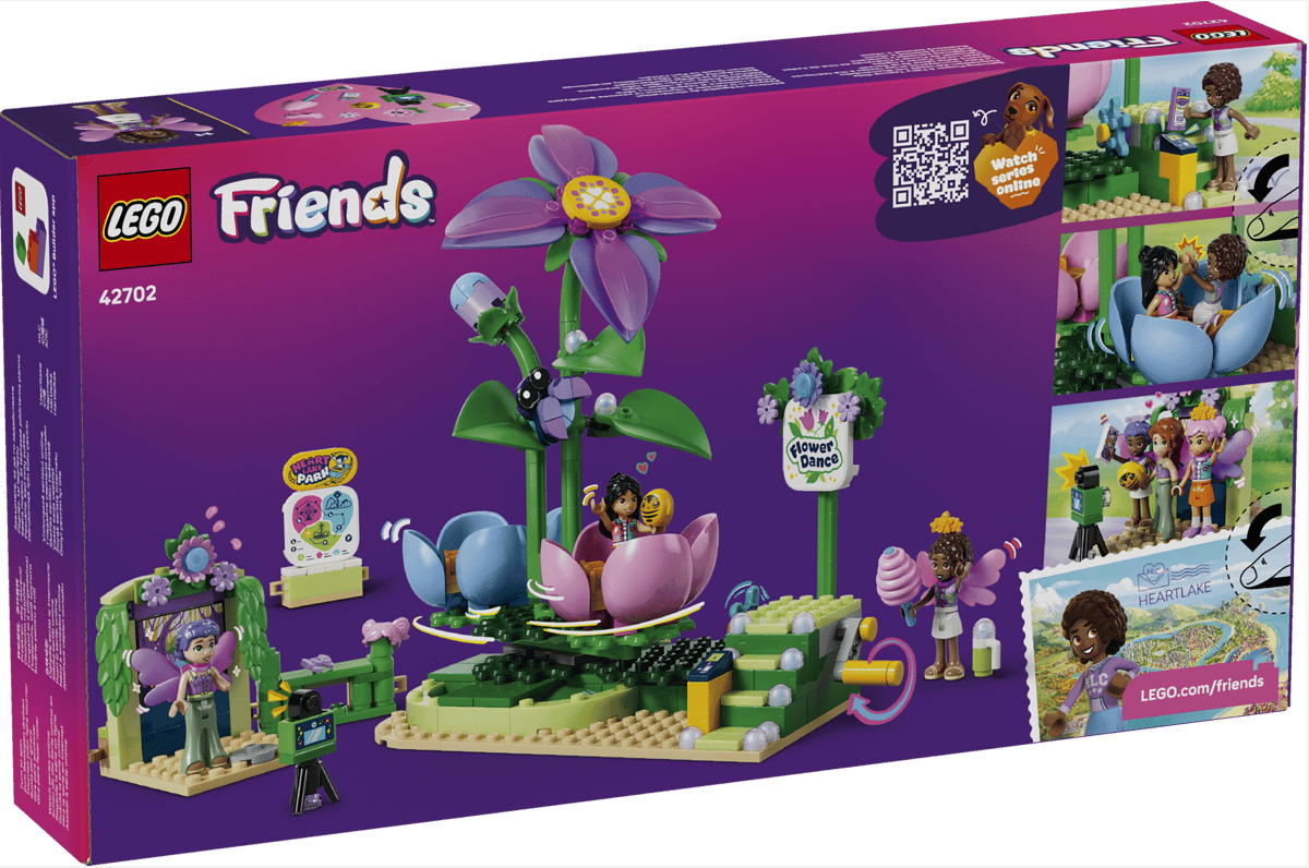 Lego Friends Set mit Figuren, Blumen und einem Karussell.
