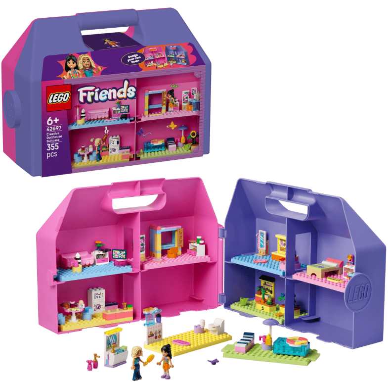 LEGO Friends Puppenhaus-Koffer in Pink und Lila, aufklappbar, mit Minipuppen.