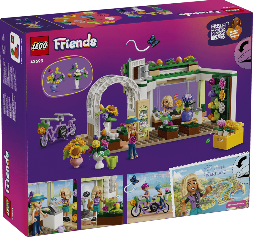 LEGO Friends Blumenladen-Set mit Figuren, Fahrrad und Blumen.