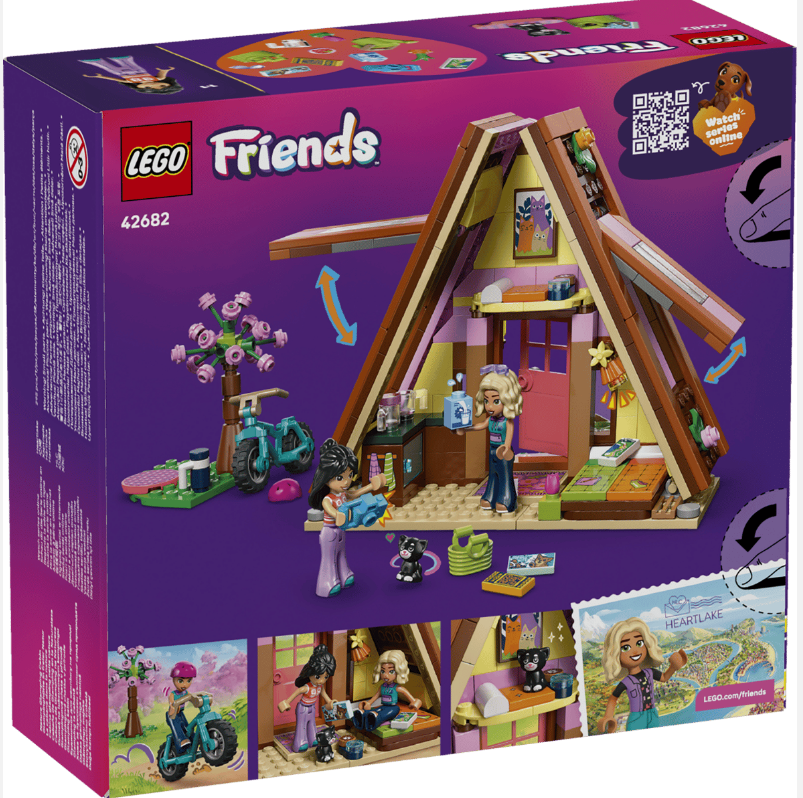 Lego Friends Spielzeug mit einer Hütte, Figuren, Fahrrad und Baum.