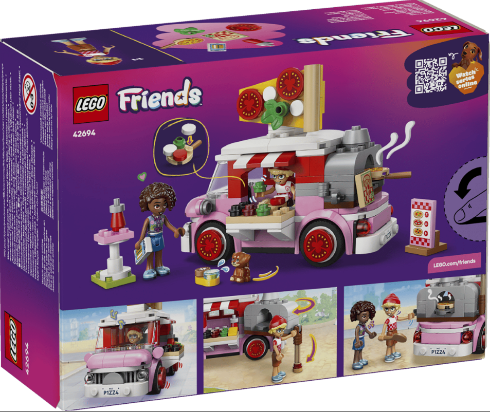 LEGO Friends Pizza-Wagen-Set mit Figuren, Zubehör und Anleitung auf der Verpackung.