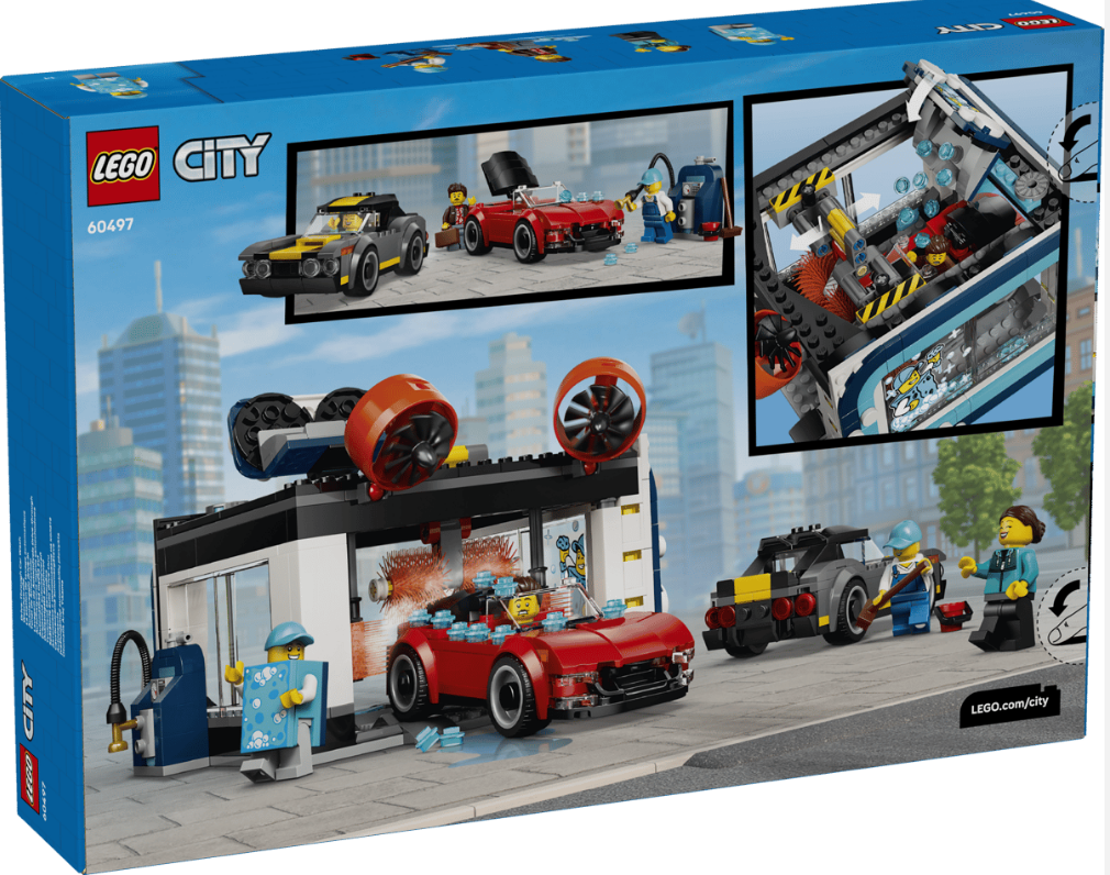 Lego City-Box mit einer Autowaschanlage, zwei Autos und vier Minifiguren.