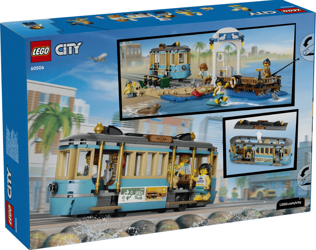 Ein Lego-Set mit einer blauen Straßenbahn und einer Hafen-Szene mit Figuren.