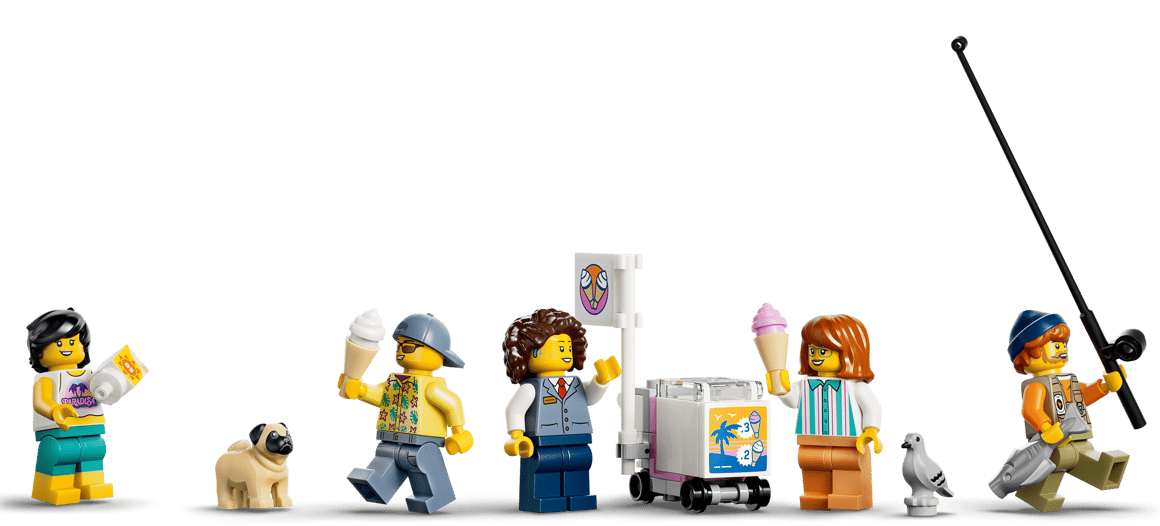 Lego-Figuren: Mädchen mit Sonnencreme, Pug, Junge mit Eis, Eiswagen, Frau mit Eis, Taube, Angler mit Fisch.