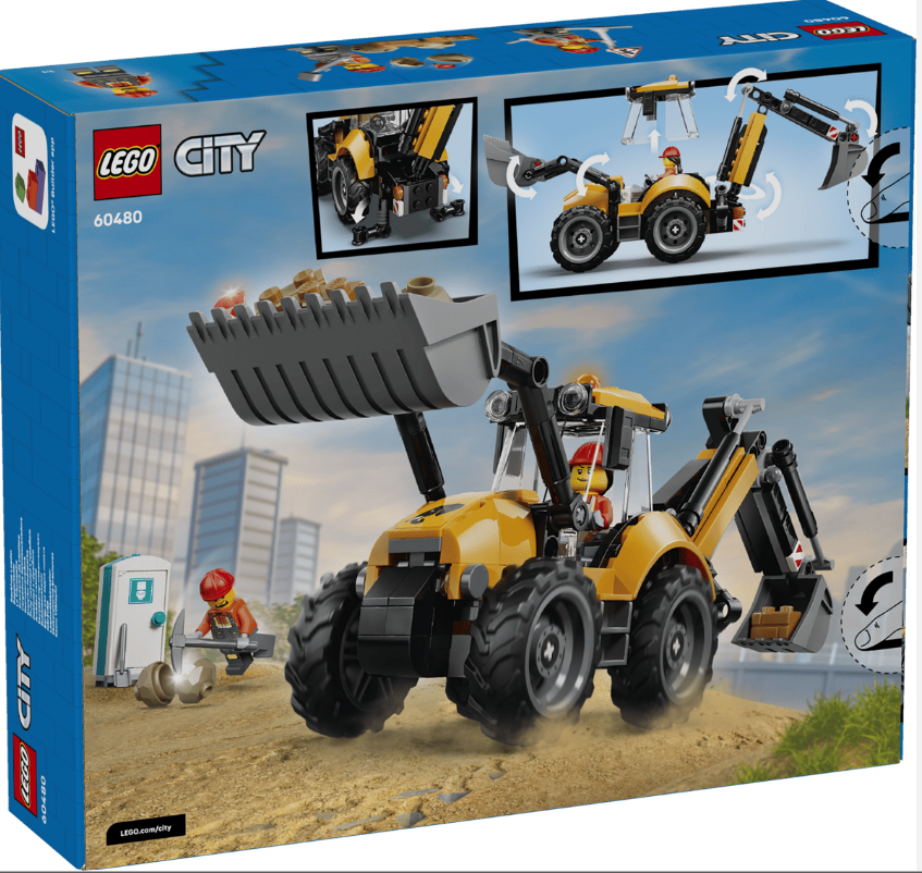 LEGO City Baggerlader-Spielzeug mit Minifigur, das Erde in seine Schaufel lädt.