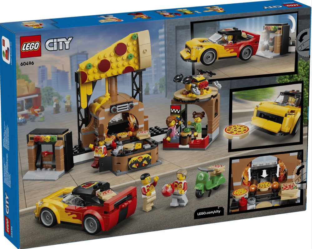 LEGO City Pizza-LKW-Set mit Autos, Figuren und einem Roller.