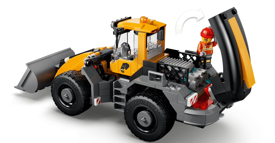 Ein gelber Lego-Lader mit einem Arbeiter, der die Motorhaube öffnet.