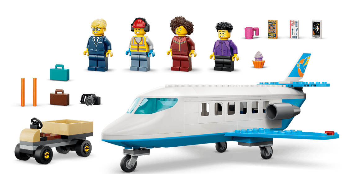 LEGO Flugzeug mit Figuren, Gepäck, Kamera und Karren.
