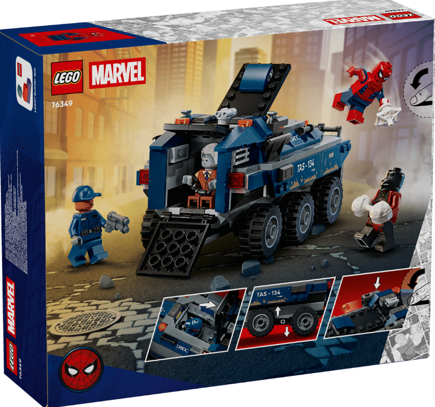 Lego Marvel Set mit Spider-Man, einem blauen Fahrzeug und drei Minifiguren in einer Stadtkulisse.
