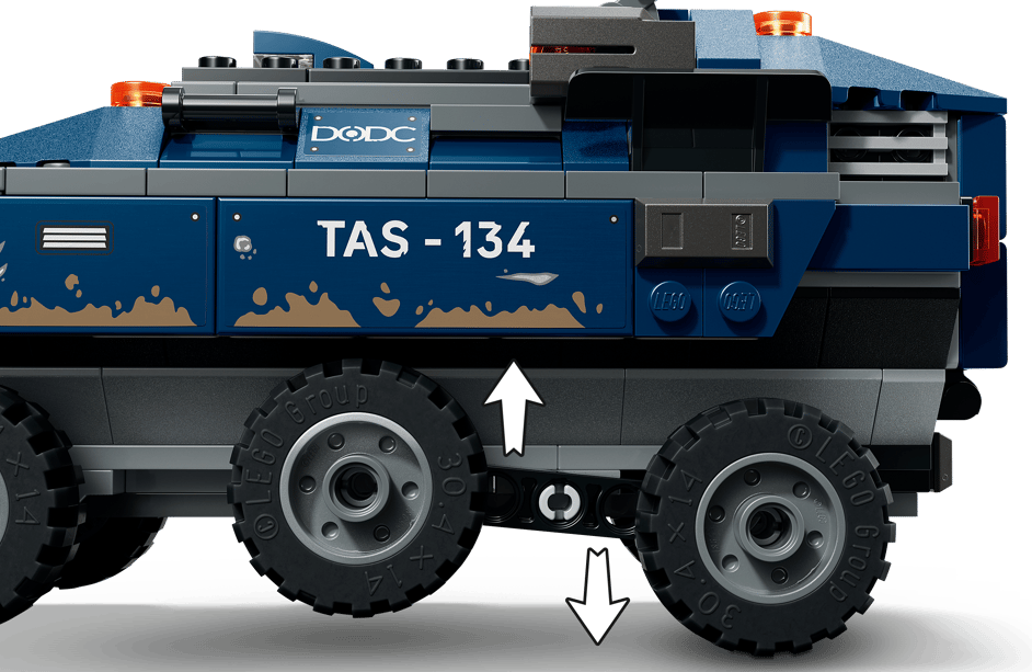 Dunkelblaues LEGO Fahrzeug mit Rädern, Aufdrucken und Warnleuchten.