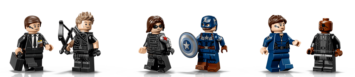 Sechs LEGO-Figuren: Agent, Hawkeye, Winter Soldier, Captain America, Maria Hill, Nick Fury.