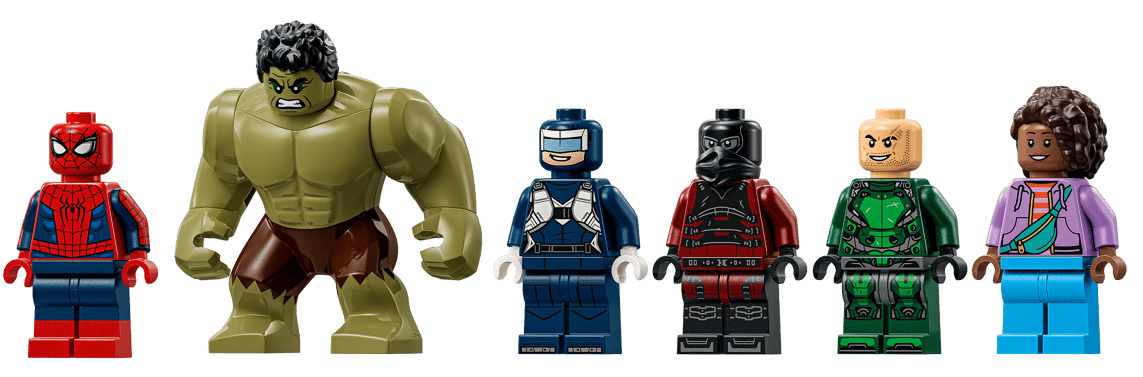 Sechs Lego-Figuren: Spiderman, Hulk, und vier andere Charaktere.