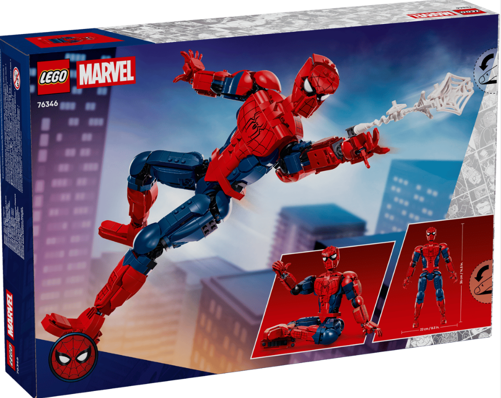 Lego-Bausatz-Verpackung mit Spiderman-Figur, die Netze schießt.