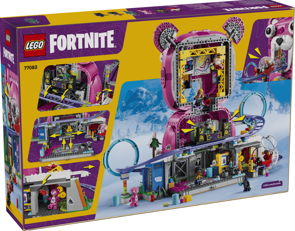 Lego Fortnite Spielzeug mit Achterbahn in einem Bärenkopf, Schneeberg im Hintergrund.
