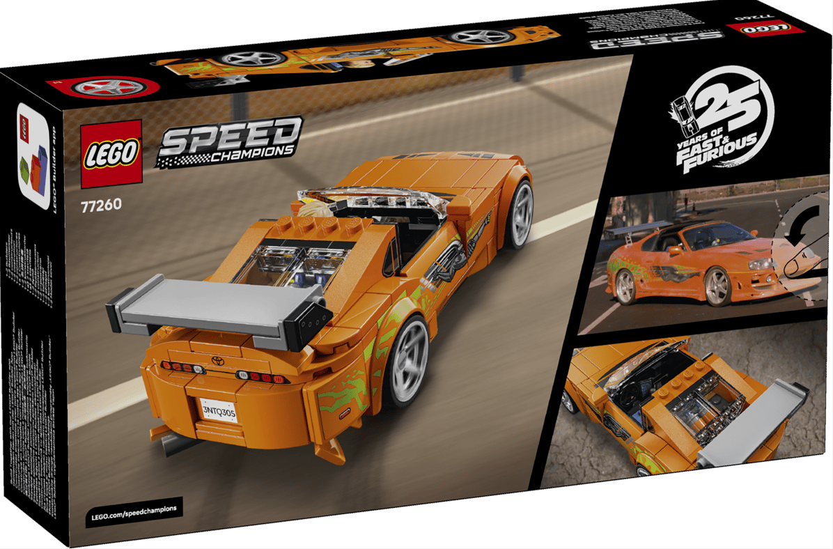 Verpackung eines orangefarbenen Lego-Supra-Modells mit "25 Jahre Fast & Furious"-Logo.