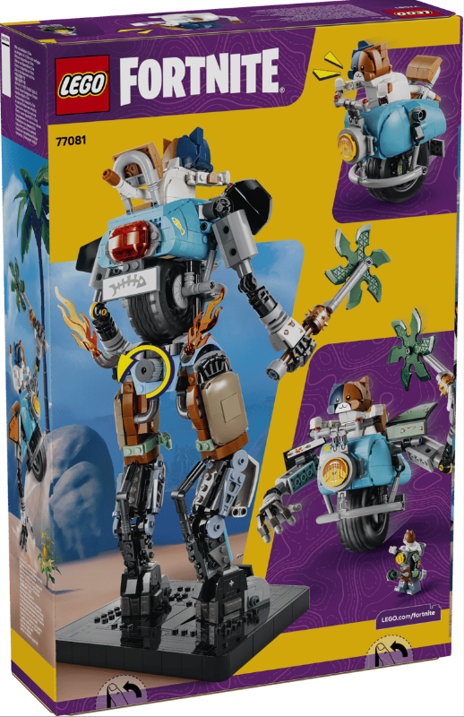Lego Fortnite Mech mit katzenähnlichem Piloten auf einem Motorrad