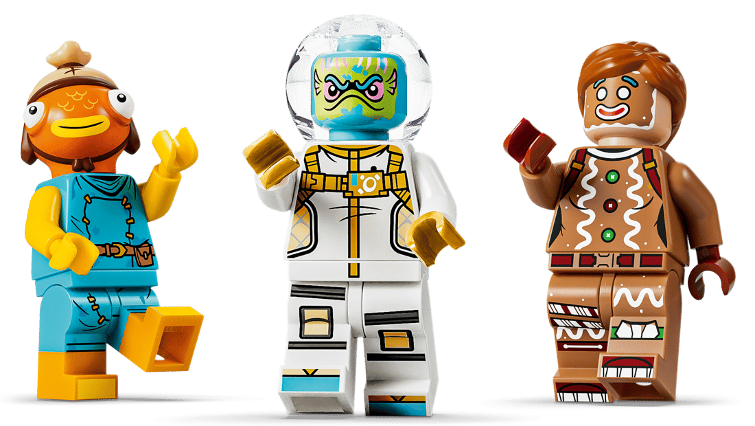 Drei Lego-Figuren: Fischmann, Astronaut und Lebkuchenmann.
