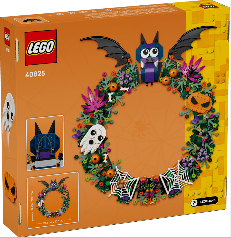 LEGO Halloween Kranz mit Fledermaus, Geist, Kürbis und Spinnennetzen.