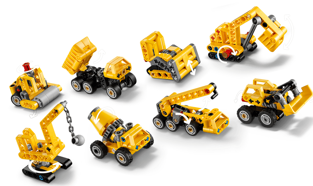 Sammlung gelber Baufahrzeuge, darunter eine Walze, ein Kipper, ein Bagger, ein Kran und ein Betonmischer.