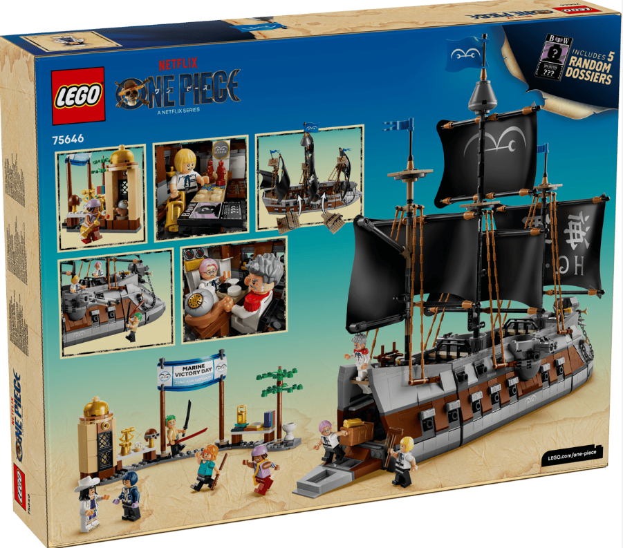 Lego-Set mit einem Piratenschiff, Figuren und Szenen aus One Piece.