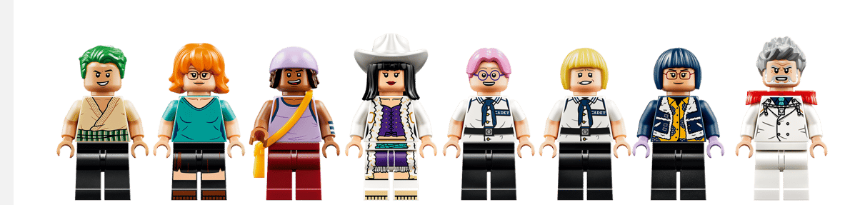 Acht Lego-Figuren stehen nebeneinander, von links nach rechts: Mann mit grünen Haaren, Frau mit roten Haaren, Frau mit lila Hut, Frau mit Cowboyhut, Frau mit rosa Haaren, Frau mit blonden Haaren, Frau mit blauen Haaren, Mann mit grauen Haaren.