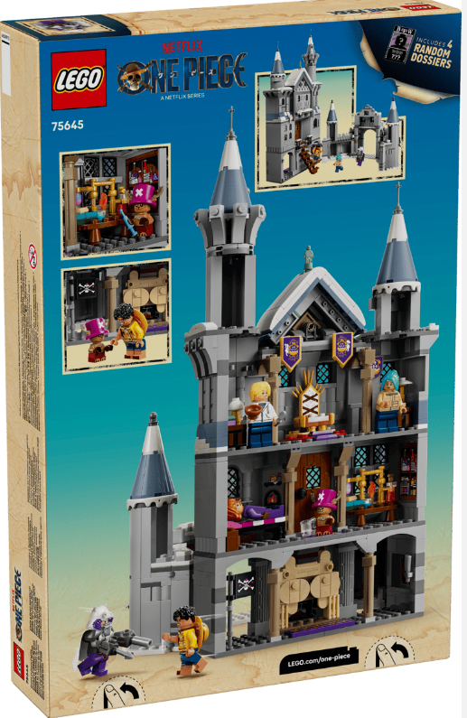 LEGO-Set mit Burg, Figuren und Szenen aus One Piece. Enthält 4 zufällige Dossiers.