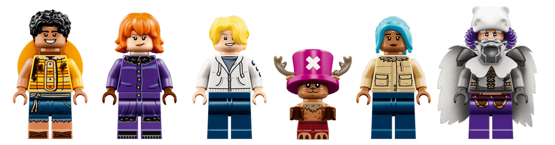 Sechs Lego-Figuren: Mann mit gelber Weste, Frau in Lila, Mann mit Kapuzenpullover, Rentier, Frau mit blauer Frisur, Krieger.