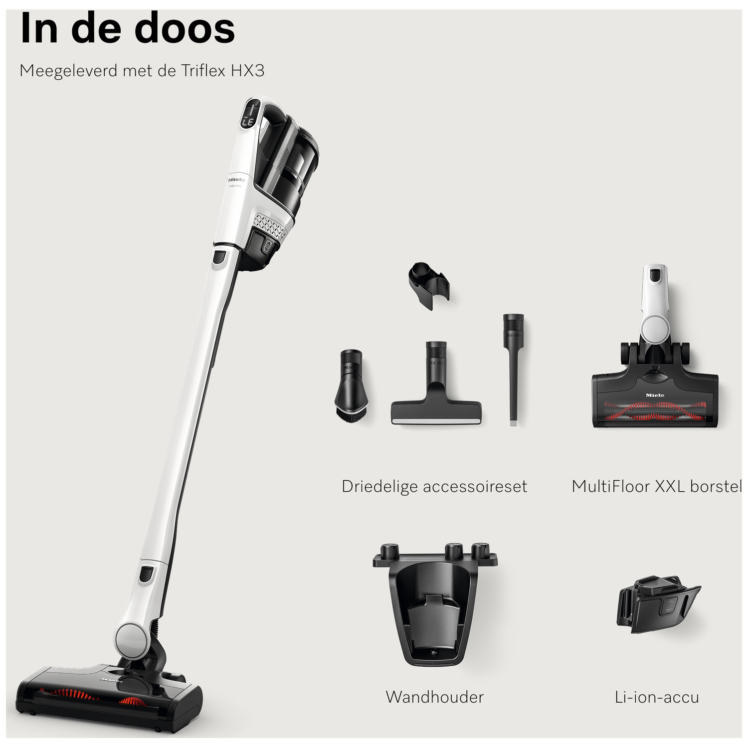Witte Miele Triflex HX3 stofzuiger met accessoires: borstels, accu, wandhouder.