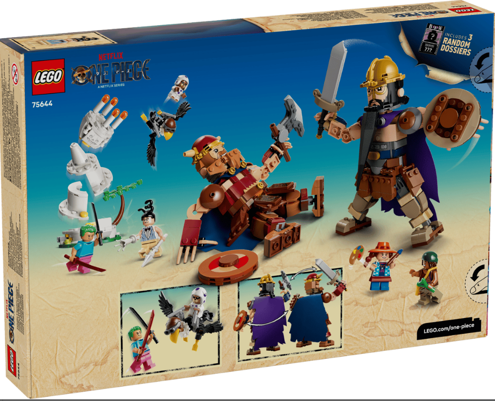 Lego-Spielzeug mit One Piece-Figuren, Schlachten und Flugobjekten auf sandigem Hintergrund.