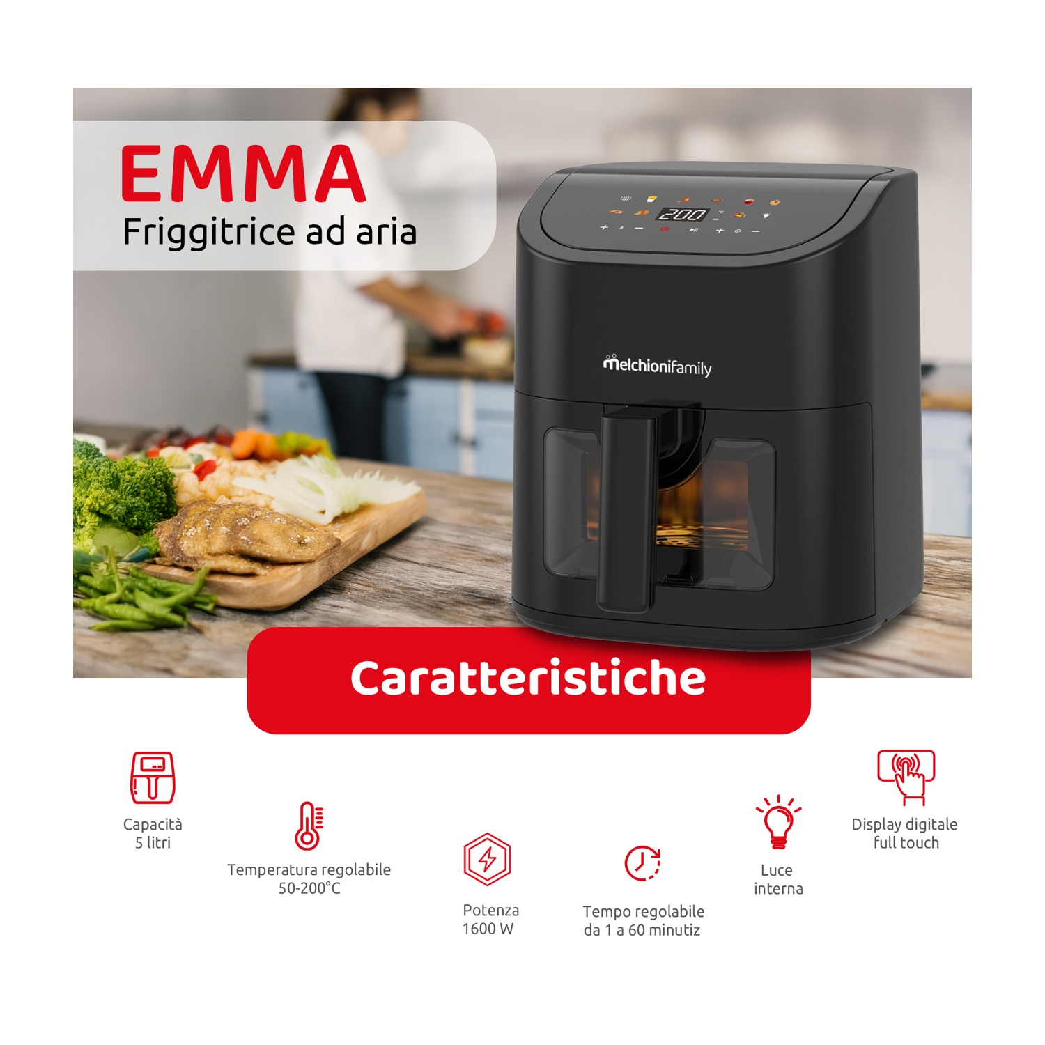 Friteuse ad aria nera con display digitale, accanto a cibo su un tagliere.