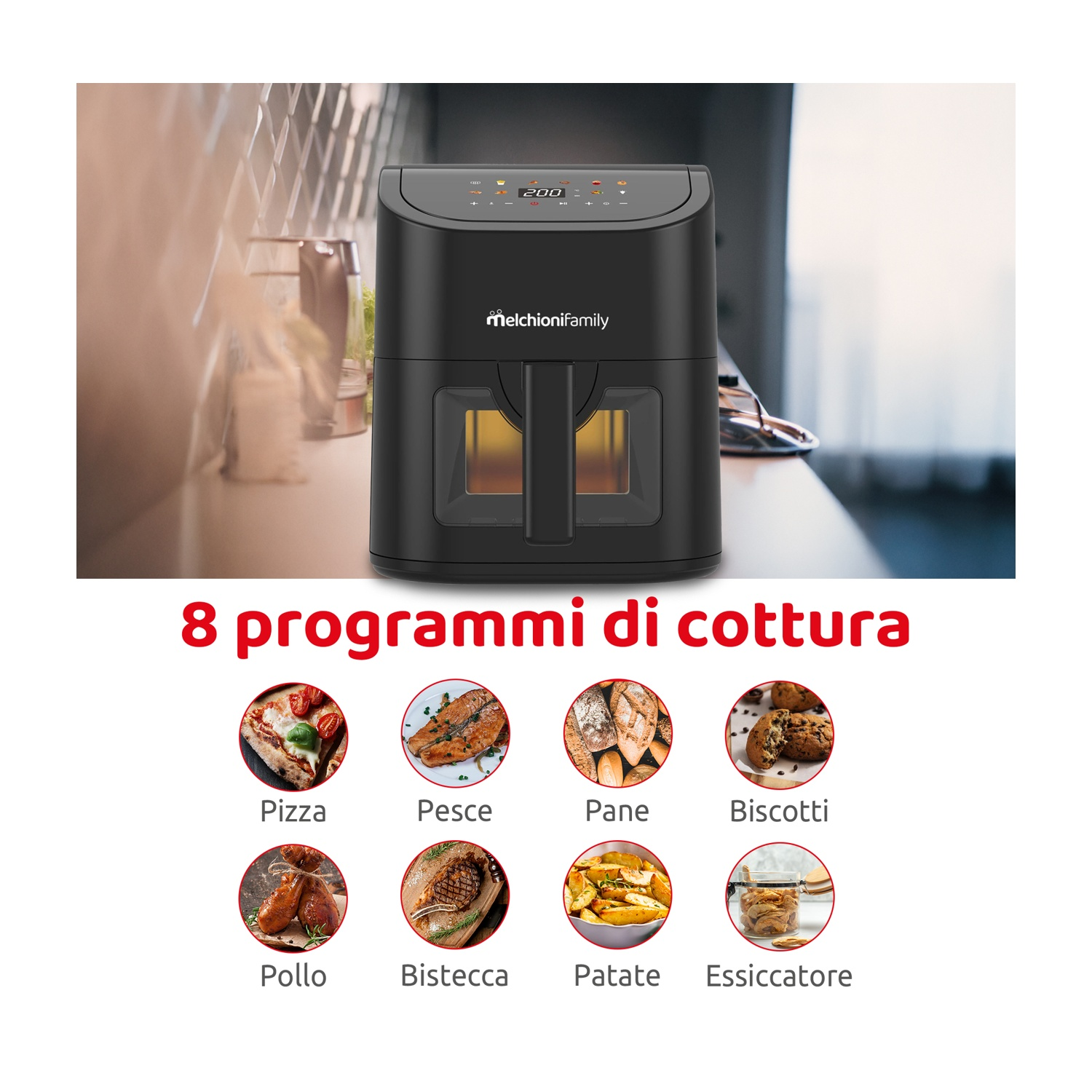 Friggitrice ad aria nera con programmi di cottura: Pizza, Pesce, Pane, Biscotti, Pollo, Bistecca, Patate, Essiccatore.