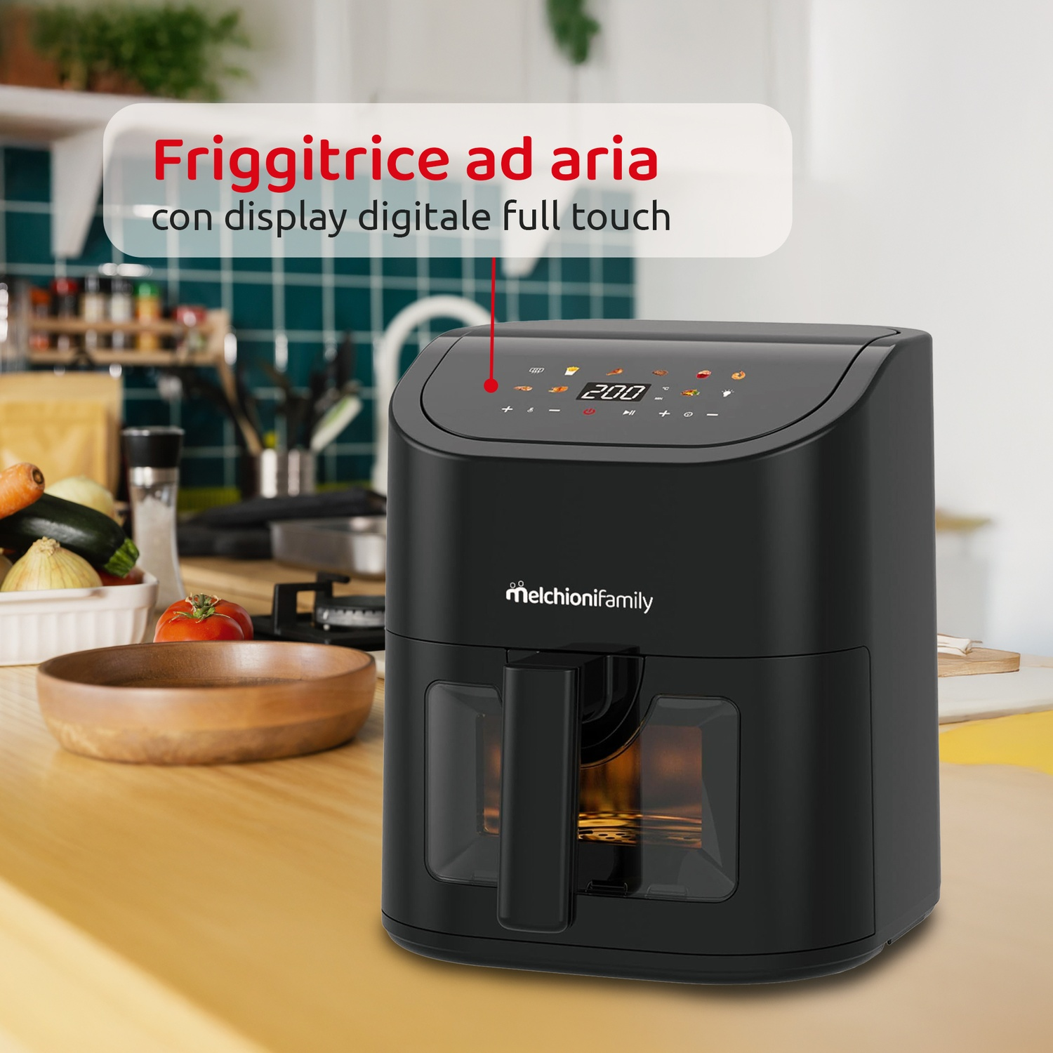 Friggitrice ad aria nera con display digitale touch, verdure vicine.