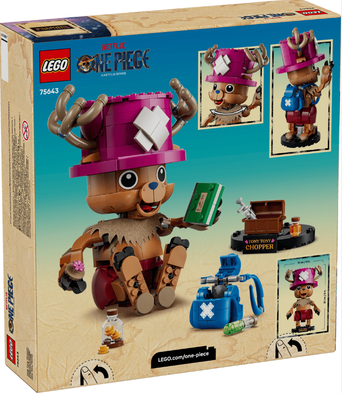 Lego-Modell von Tony Tony Chopper aus One Piece mit Hut, Buch und Zubehör.