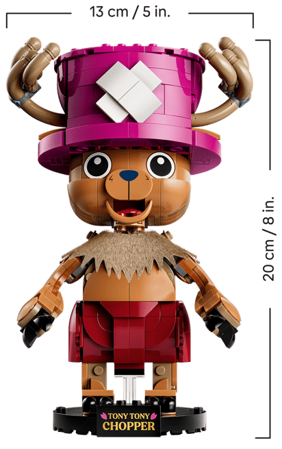 Eine Lego-Figur von Tony Tony Chopper mit einem pinken Hut und braunen Gliedmaßen.