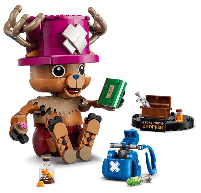 Lego Chopper mit Hut, Buch, Truhe und medizinischen Gegenständen.