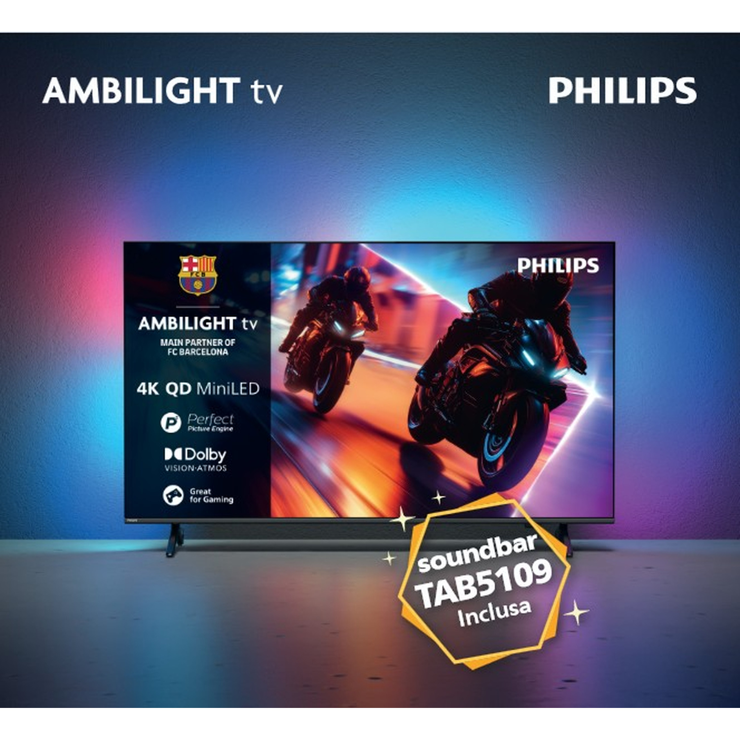 Un TV Philips Ambilight con 4K QD MiniLED, partner principale FC Barcellona.